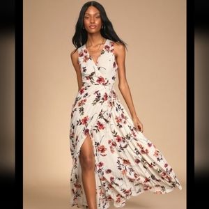Lulu's Ivory Multi Floral Print Pleated wrap maxi dress